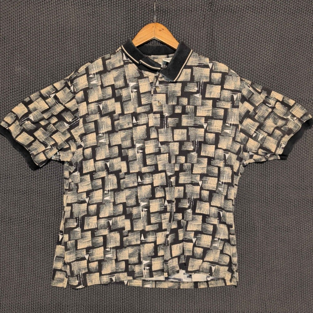 Knightsbridge Polo Shirt Mens XL Tan Black Geometric Abstract Cotton 90s Retro
